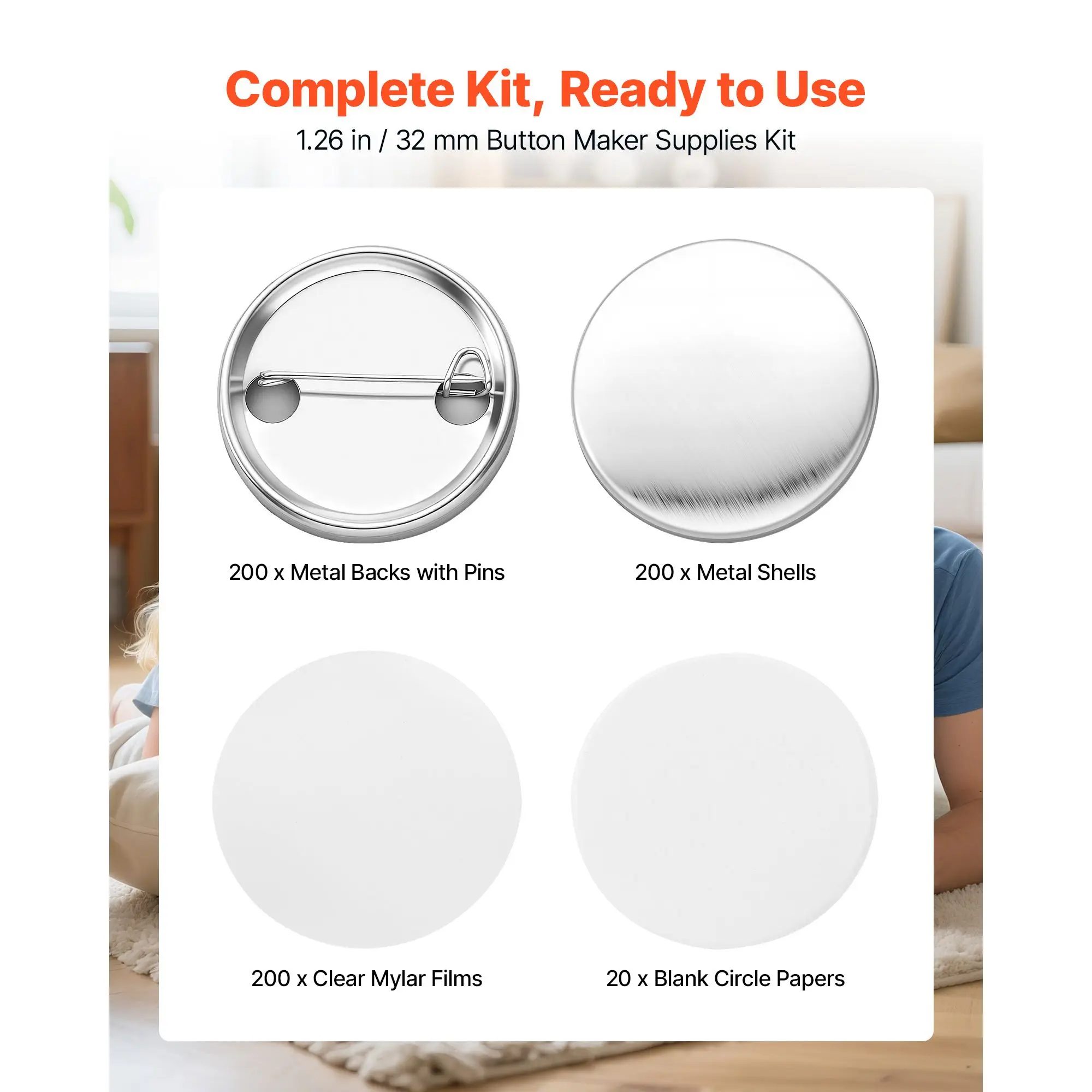 Button Maker Supplies 200 Sets 1.26 in / 32 mm Pin Back Button Parts, with Metal Backs, Metal Shells, Clear Mylar Films, and Blank Circle Papers, for Home DIY, School Events, and Custom Studio