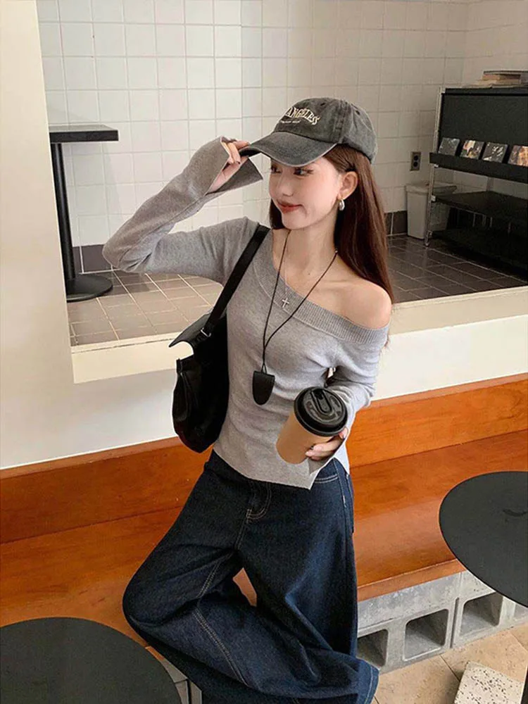 Sexy Pullovers Women Off Shoulder Cropped Knitted Basic Clothes Autumn All-match Side Slit Simple Tender Slim Gentle Seductive