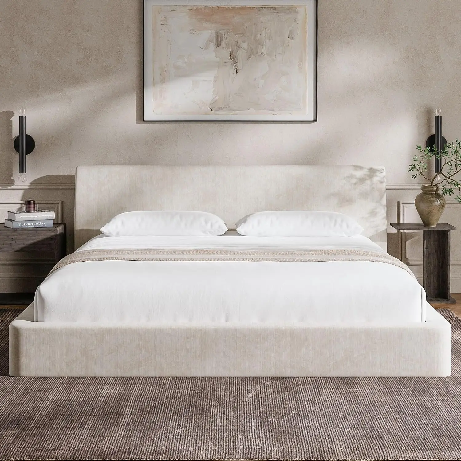 Ergonomic Angled Foam Cushioned Headboard Platform Bed Frame King Size No Box Spring Easy Assembly Beige Chenille, Customized