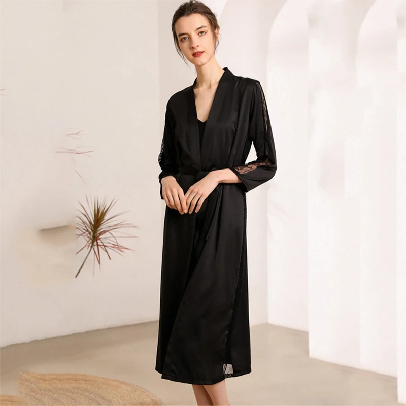 Slip Dress and Robe Two Piece Set Solid Color Sleepwear Imitation Silk Home Suit Summer Thin Pajama Leisure Costume for Women