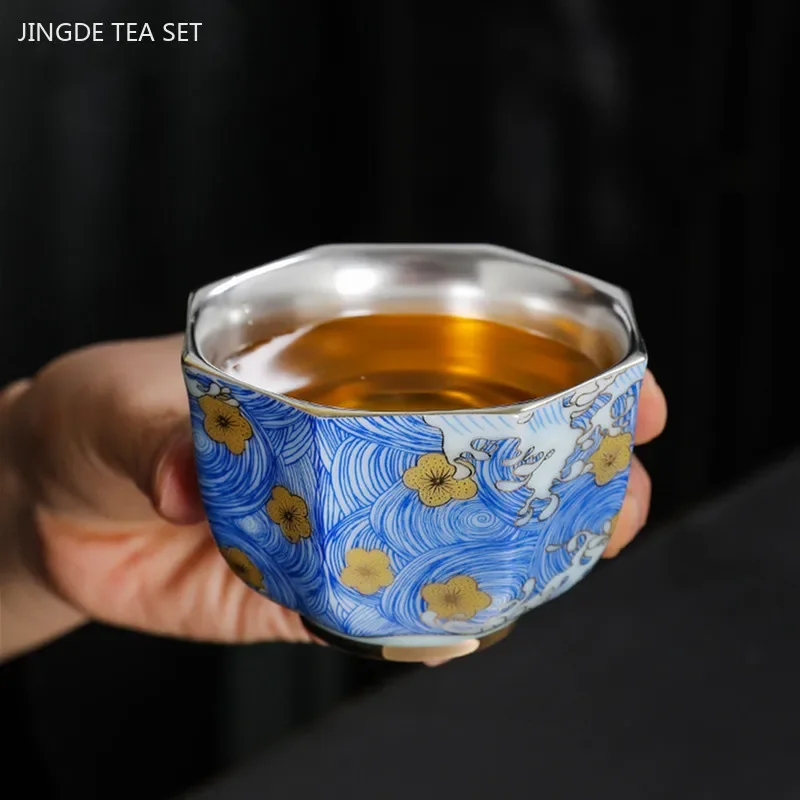 

1Pc High-grade Silver Tea Cup Vintage Enamel Ceramic Teacup Chinese Handmade Master Cup Custom Tea Set Gifts Meditation Cup