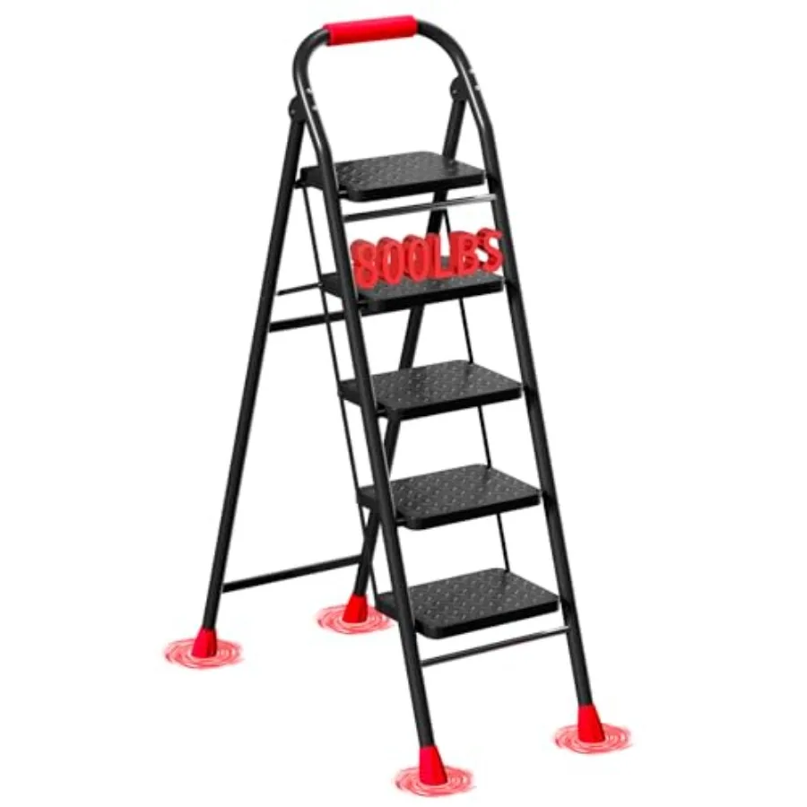 

5-ступенчатая складная лестница-табурет с широкими противоскользящими ступенями, толстыми резиновыми ножками, мягкой ручкой и безопасной системой блокировки