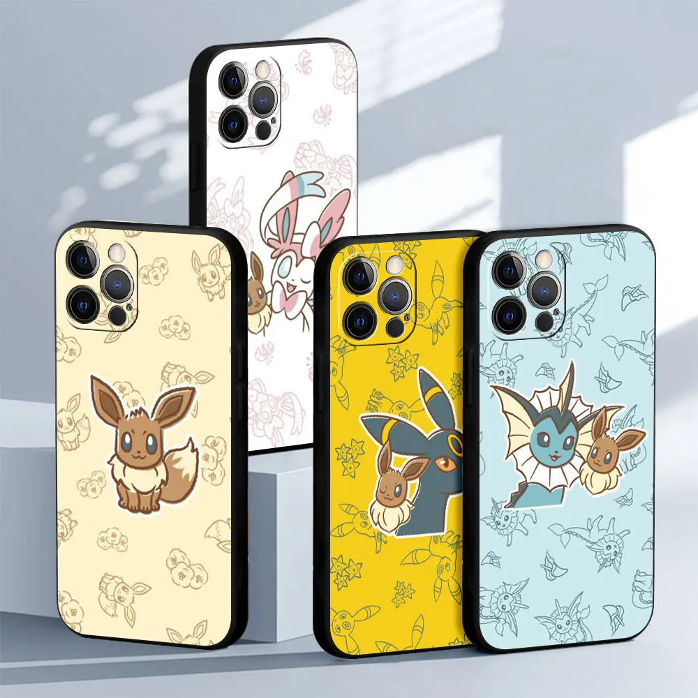 Case For Apple iPhone 14 Pro Max 13 11 12 Mini X XR 7 8 Plus 6 6S SE 5S 5 7+ 8+ Black Soft Phone Cover Cute Pokemon Eevee Funda