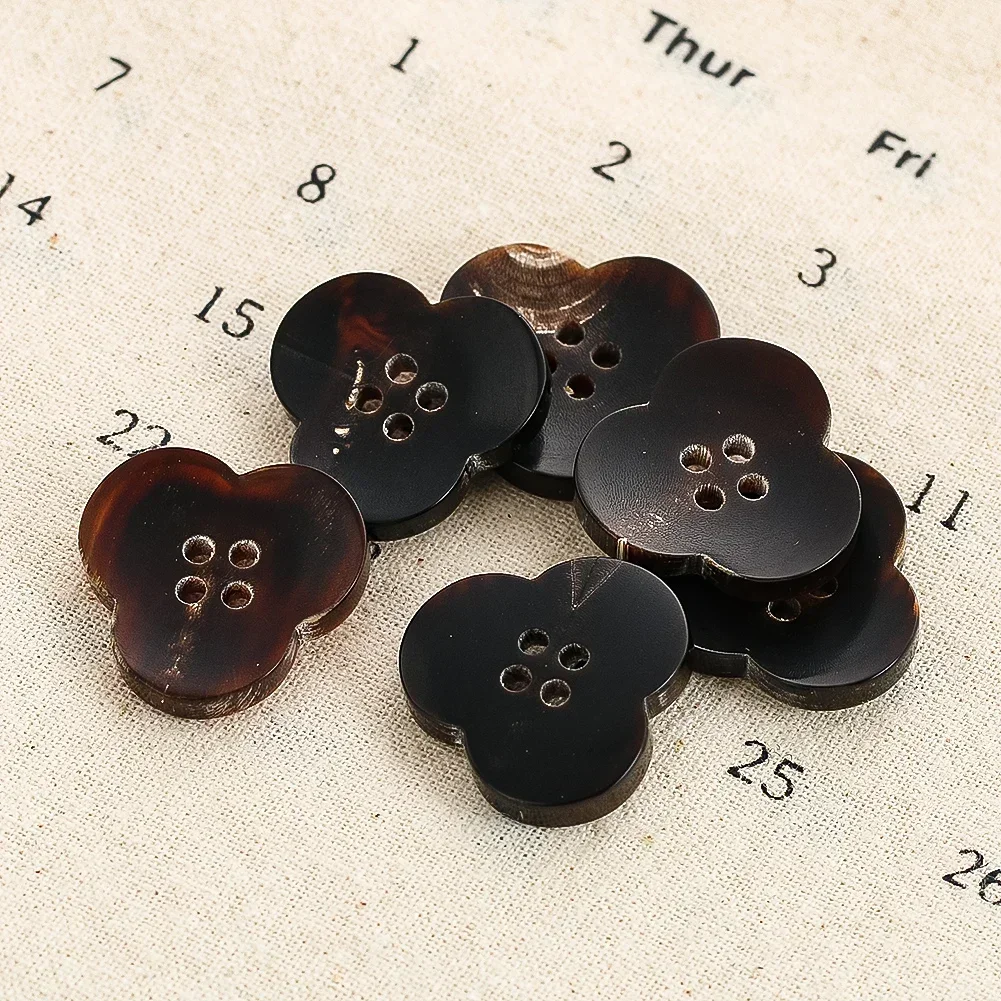 5PCS Retro Horn Buttons Plum Blossom Design Burnt Yellow Black for DIY Clothing Shirt Suit Sewing Craft Vintage Style Accessorie