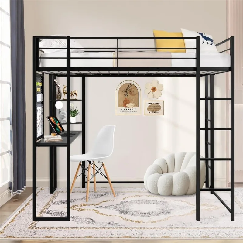 Twin Loft Bed with Desk, Metal Loft Bed Frame with Storage Shelves & 2 Built-in Ladders, Twin Size Loft Bed for Teens Juniors