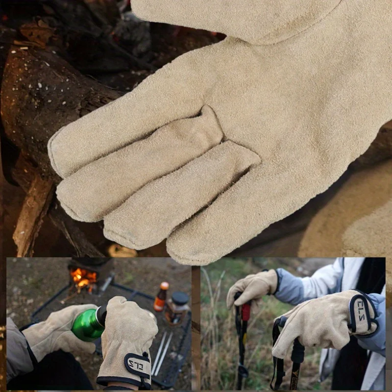 معدات التخييم في الهواء الطلق نزهة قفازات واقية، النار الشواء جلد البقر المضادة للحرارة العزل الحراري سميكة ارتداء قفازات واقية