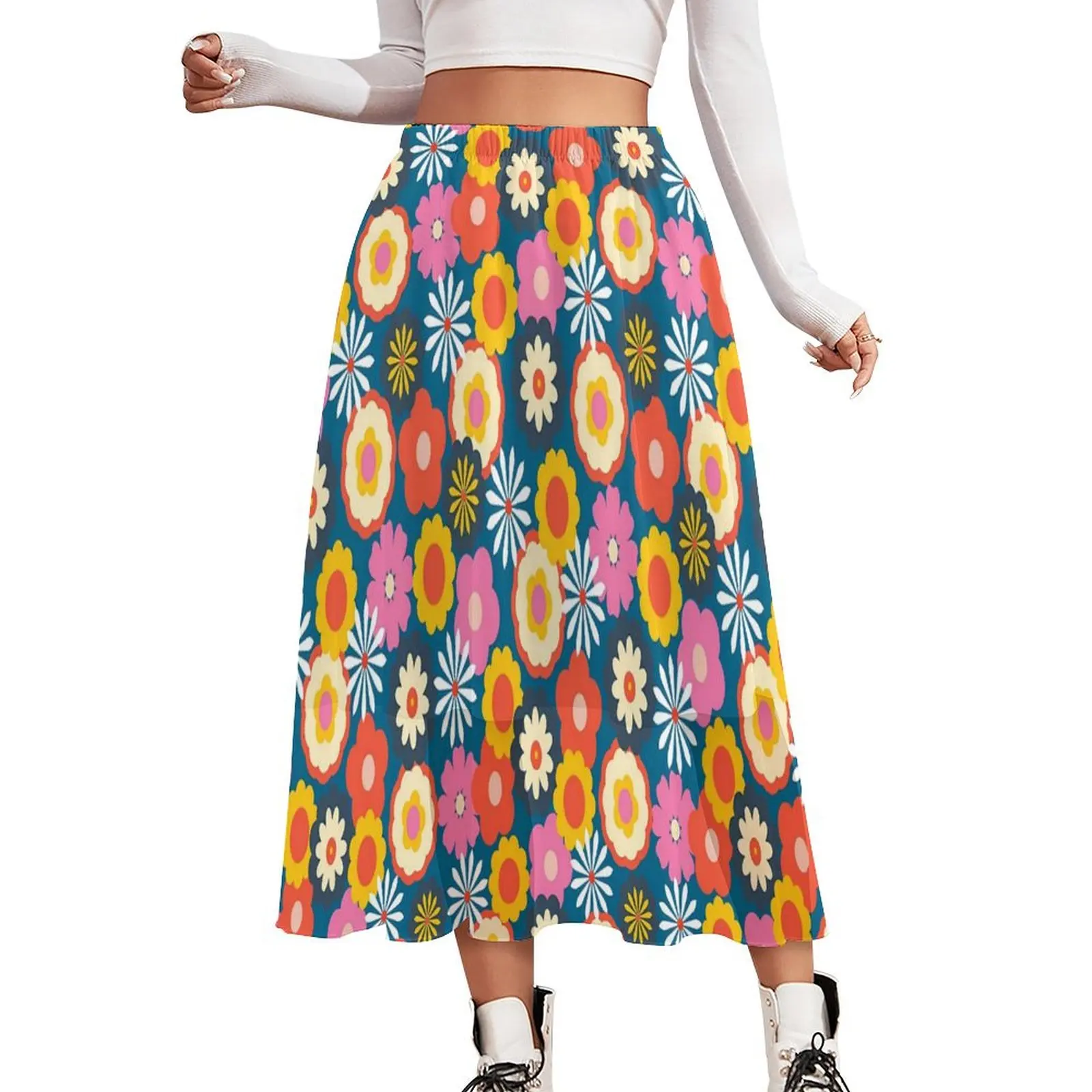 

Retro Flower Power Skirt Daisies Print Beach Boho Skirts High Waist Design Harajuku A-line Skirt 2XL 3XL 4XL