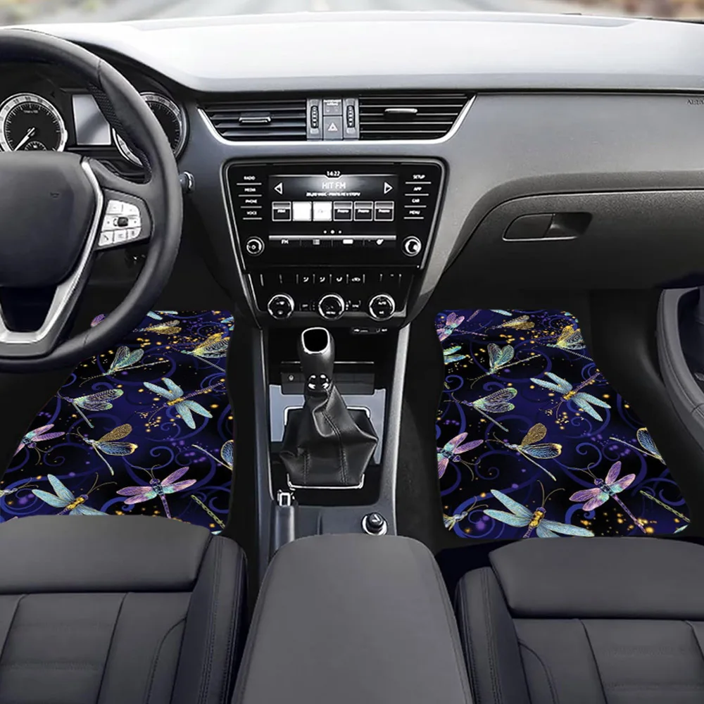 1pc/2pcs/4pcs Dragonfly Pattern Car Floor Mats Front And Rear Seat Floor Mats Blue Print Car Dirt-proof Floor Mats Car Decorativ