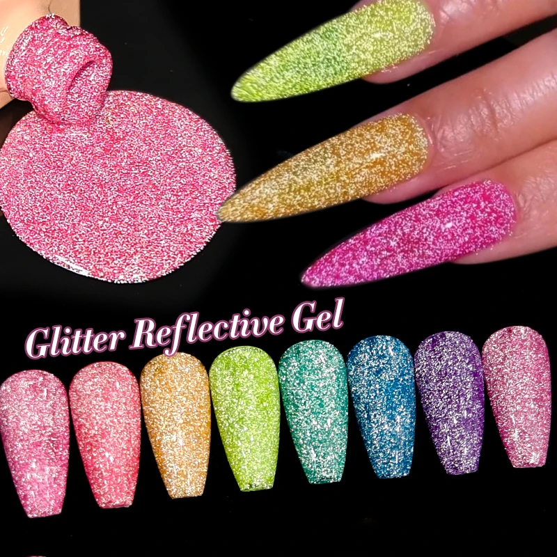 Ur sugar 8 pçs glitter reflexivo fluorescente gel unha polonês conjunto efeito flash cor néon embeber fora uv gel nail art vernishkit