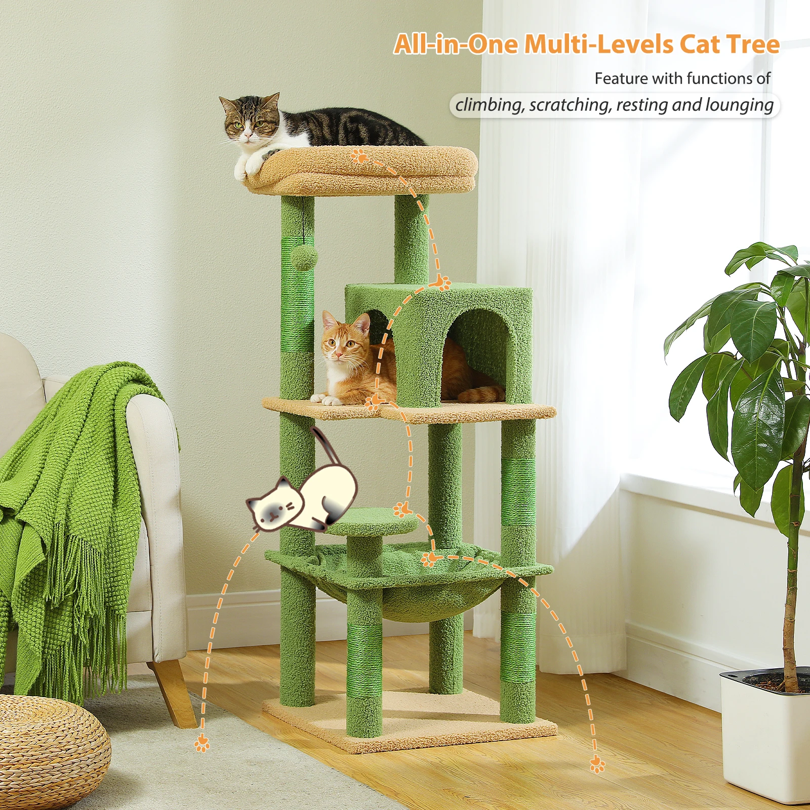 Imagem -02 - Cat Tree Multi-level com Hammock Cat Condo Torre para Interior Raspador Arranhadores para Gatos Kitten House Bed Toys