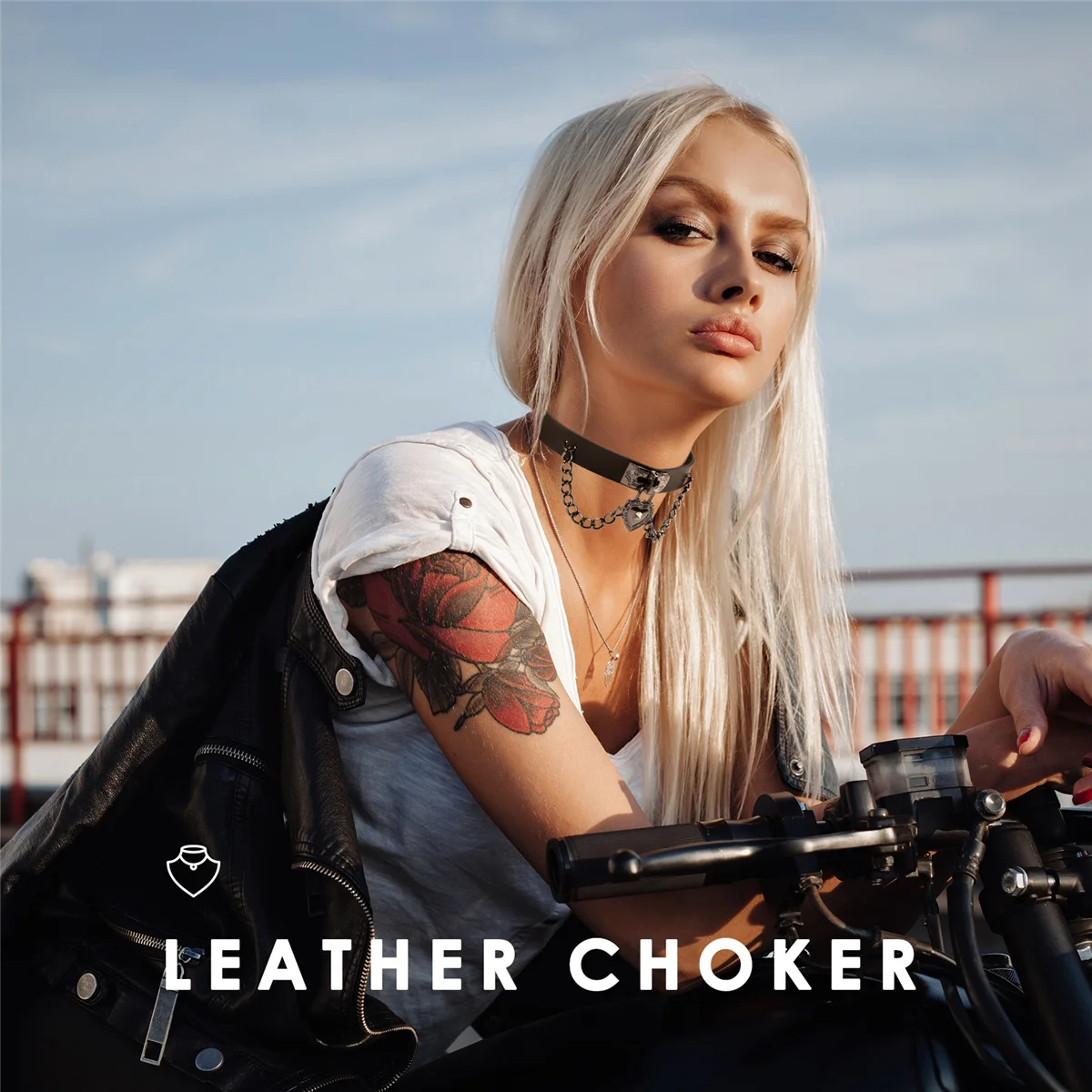 ABQR Leather heart pendant chain necklace Gothic Punk Choker Black