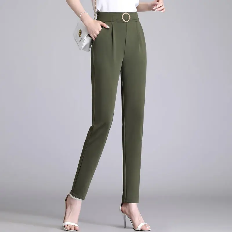 

Women's Clothing Spring Autumn Solid Color Elastic High Waist Pockets Sashes Straight Trousers Trouser Suits Casual Pants