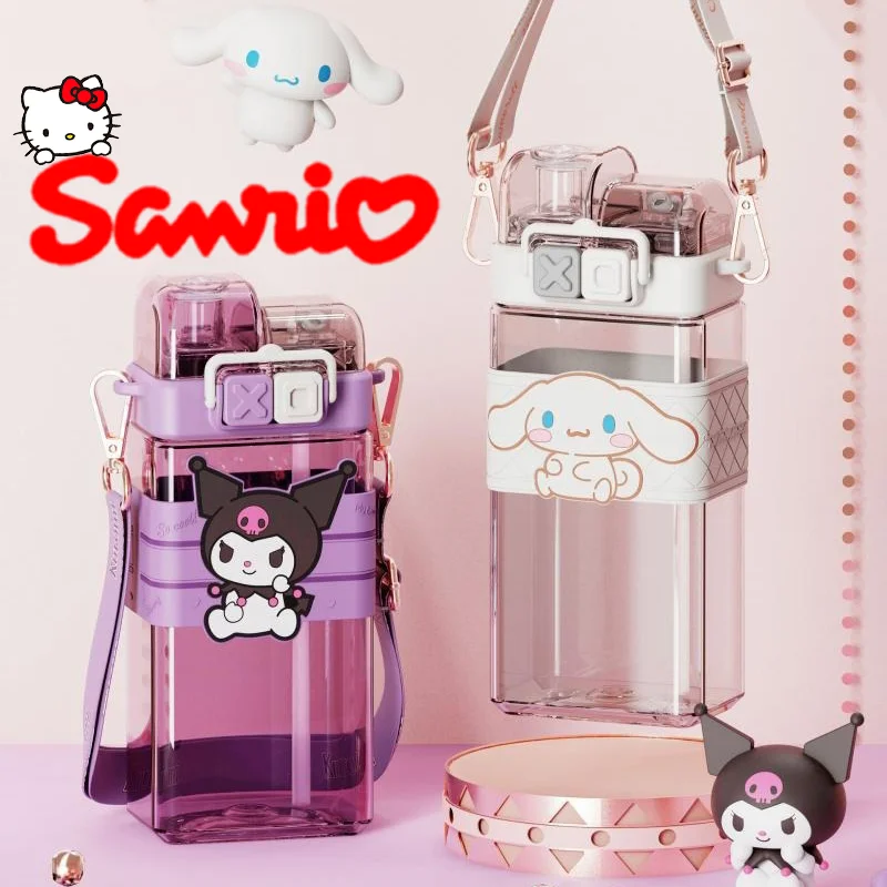 

520ml Sanrio Hello Kitty Kuromi Anime Figure Kid Water Bottle Portable Sports Summer Straw Double Drinking Cups for Girl and Boy