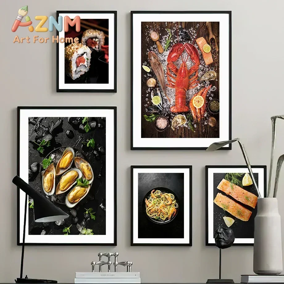 Multi-size 1PC frameless high-definition decorative paintings,Lobster Fish Oyster Salmon Sushi Seafood Cooking Wall Art Canvas P
