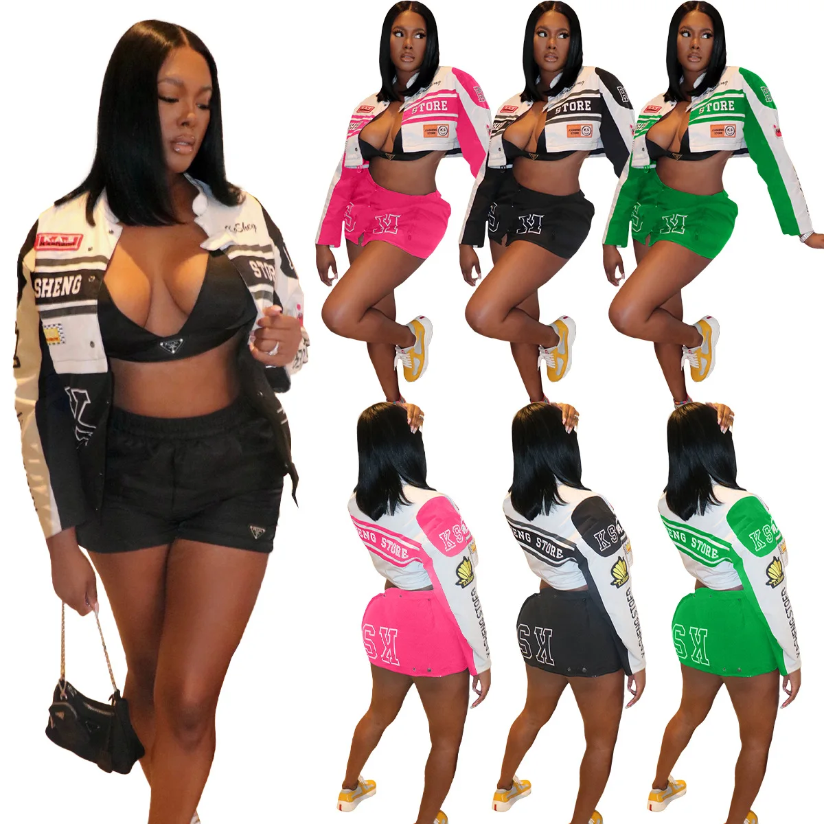 Cropped Jacket Tops Two 2 Piece Skirt Sets Y2K Streetwear Winter Women Cyber Racer Varsity Jackets Fashion  Patchwork Sexy Dress