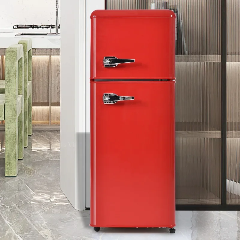 Retro-Kühlschrank. Kühl-Gefrier-Kombination, 105,5 cm hoch, 41 cm breit, zweitürig, mit 92 Liter Gesamtvolumen, 28 Liter Gefrierfach