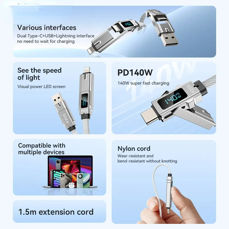 PZOZ 4 في 1 140 واط PD USB C كابل شاشة ديجيتال شحن سريع آيفون 16 15 14 برو ماكس ماك بوك باد USB نوع C شاحن الحبل