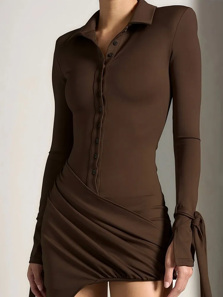 

Новые платья для женщин, сексуальные платья-поло, элегантные, тонкие, однотонные, с длинными рукавами, на шнуровке, на пуговицах, модная посылка, темперамент бедер