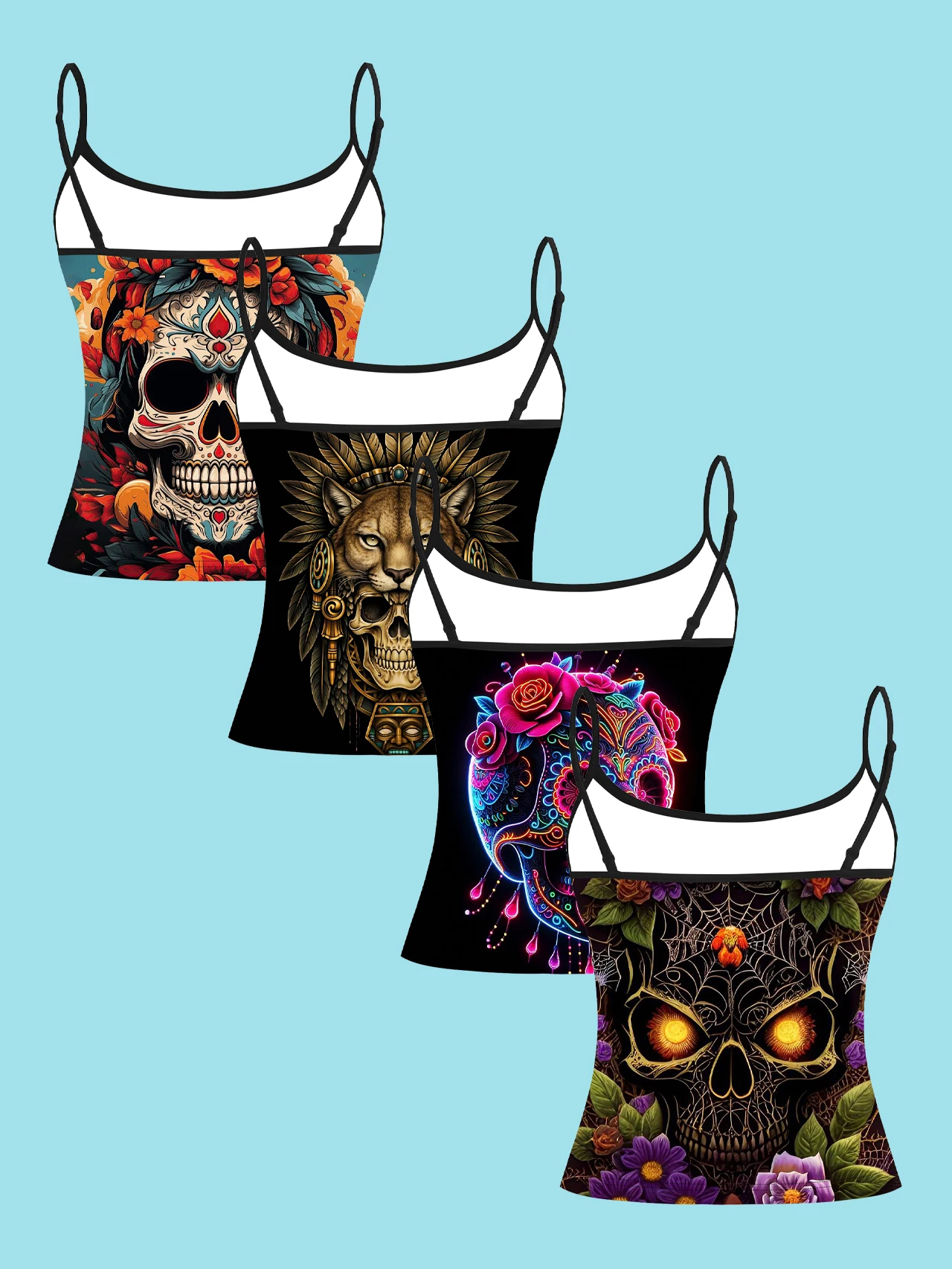 4-Piece Set of Day of the Dead Colorful Skull Floral Print Camisoles for Women, Exotic Totem Thin Strap Slim-Fit Halloween Undershirt