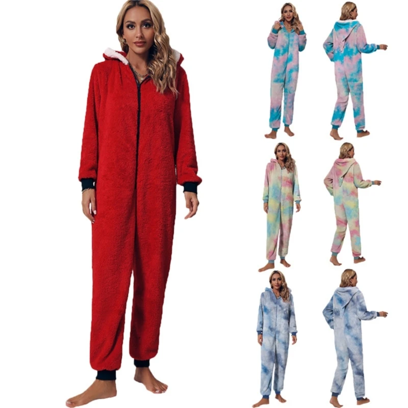 

Women Tie Dye Fleece Romper Onesie Pajamas Zipper Up Hooded Jumpsuit Christmas Fuzzy Plush Sleepwear Playsuit Dropship