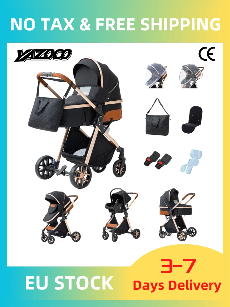 3-in-1 Babywandelwagen, vierwielige kinderwagen, hoge ligging met muskietennet, opvouwbaar, schokbestendig, vierwielige kinderwagen - afbeelding 2