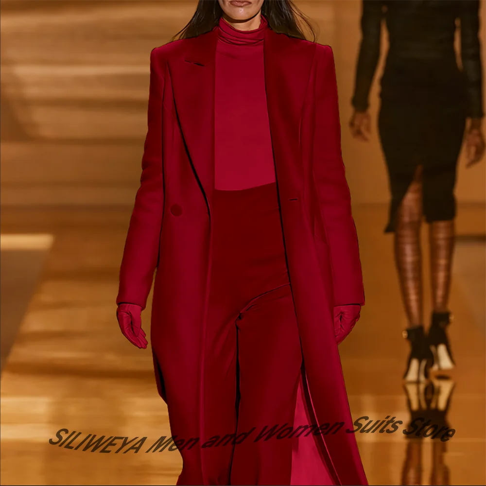 Elegant Woman Burgundy Woolen Overcoat Set Double-Breasted 2-Piece Long Jacket+Pants Chic Streetwear Style Winter Formal Outfit