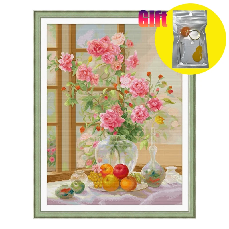 Primavera kit de ponto cruz flores românticas ao dia 11ct lona impressa diy bordado à mão agulha e kits de ferramentas de linha