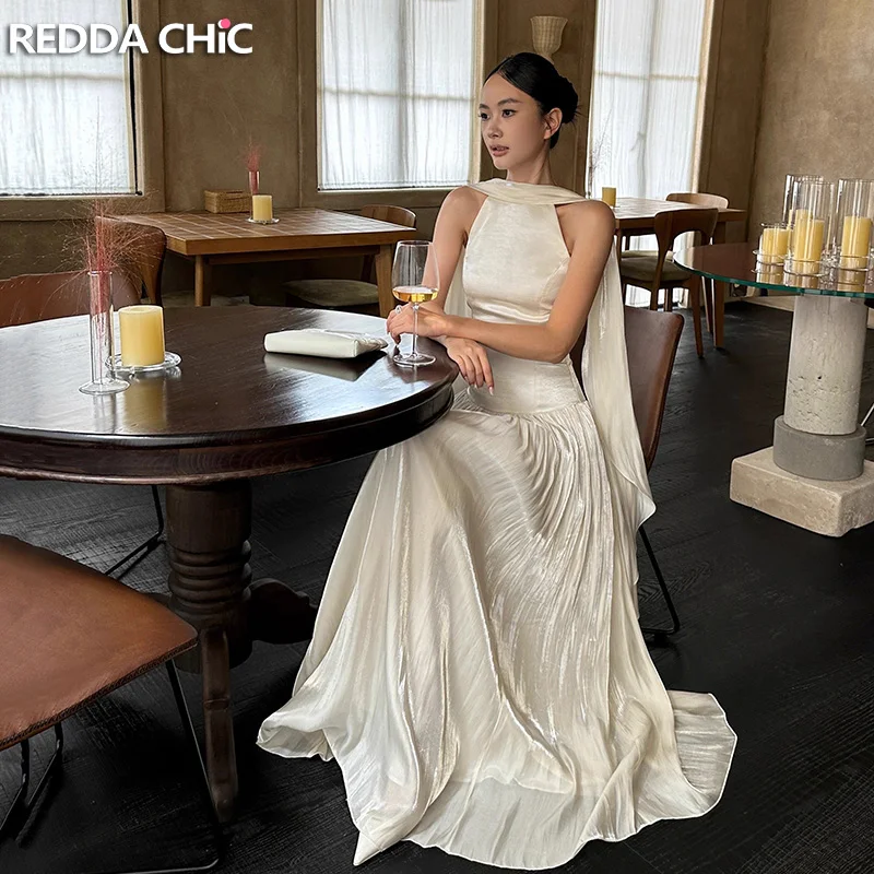 

REDDACHiC кремово-белое атласное вечернее платье, женское однотонное длинное платье макси без рукавов с лямкой на шее, элегантная одежда для свадьбы, гостей, дня рождения