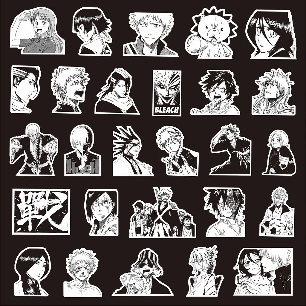 حزمة ملصقات مبيضة مكونة من 75 قطعة - شارات Ichigo و Orihime وRukia باللون الأسود والأبيض للمجلات وأجهزة الكمبيوتر المحمولة (متجر Anime Worlds)