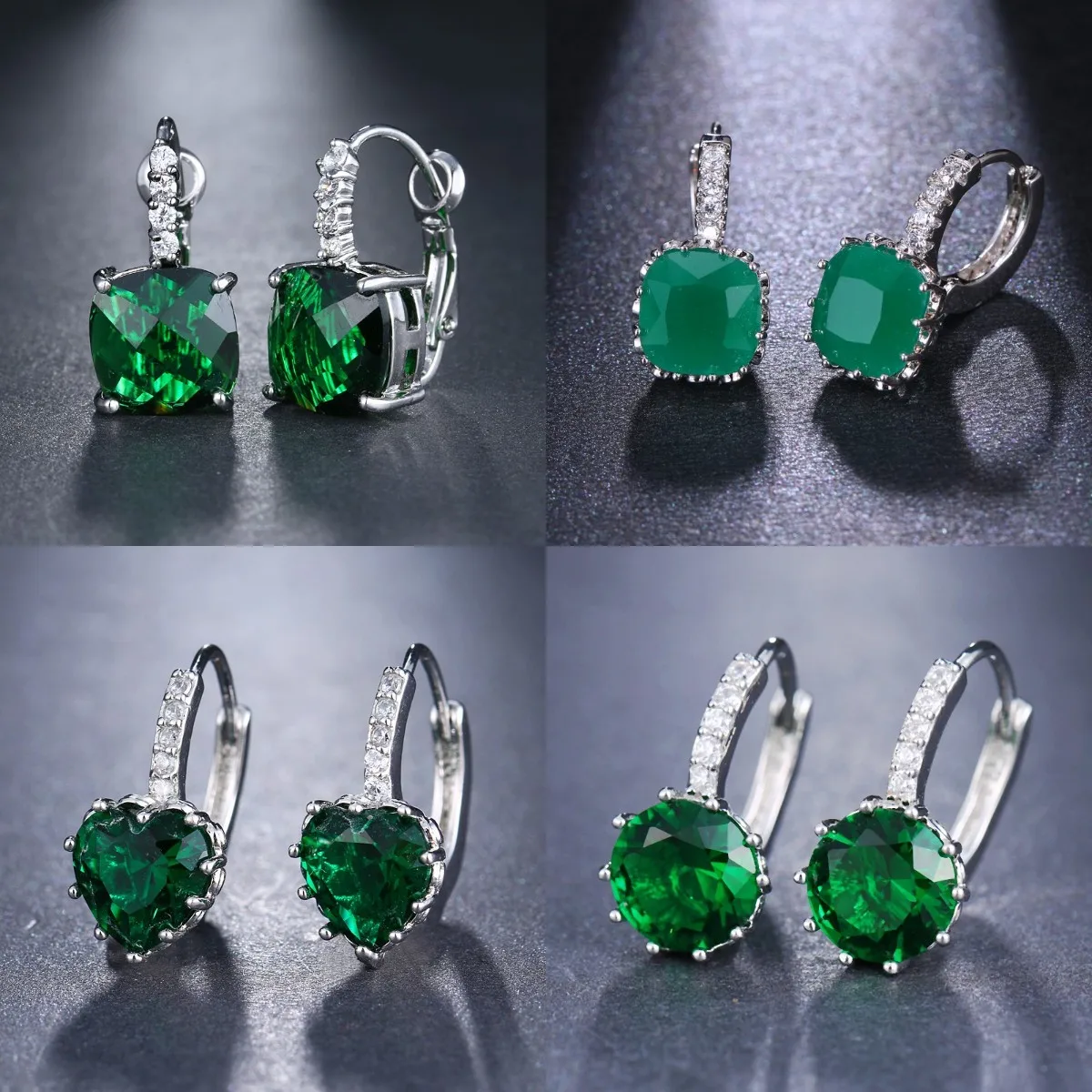 JMK Fashion Emerald Cubic Zircon Green Stone Silver Plated Stud Earrings For Women Bridal Wedding Jewelry Party Accessories Gift