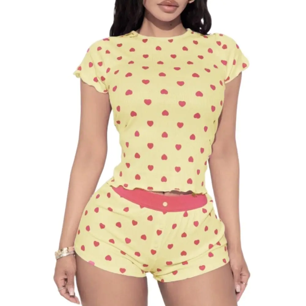 

Fashion Sweet Short Sleeve Pajamas Set Heart Euffle Camisole Shorts Nightdress Thin Homewear Two Pieces Nightwear Indoor