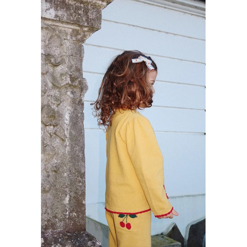 A/W 2024 New Knitted Sweater Dress Set Kids Cherry Embroidered Sweater Pants Set Girs Cute Solid Color Dress