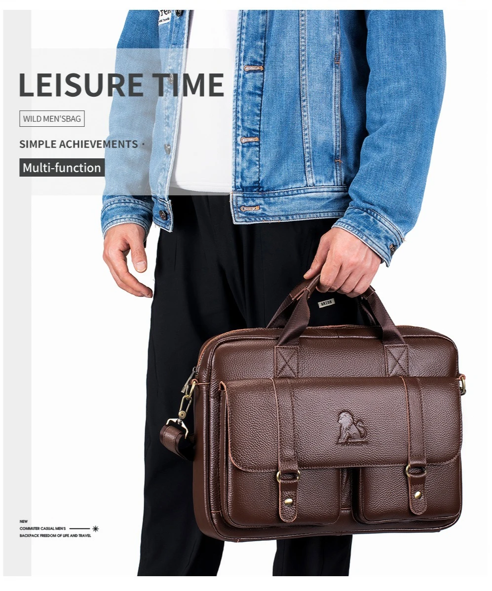 Cowhide men's briefcase head layer cowhide computer storage business large capacity hand shoulder bag