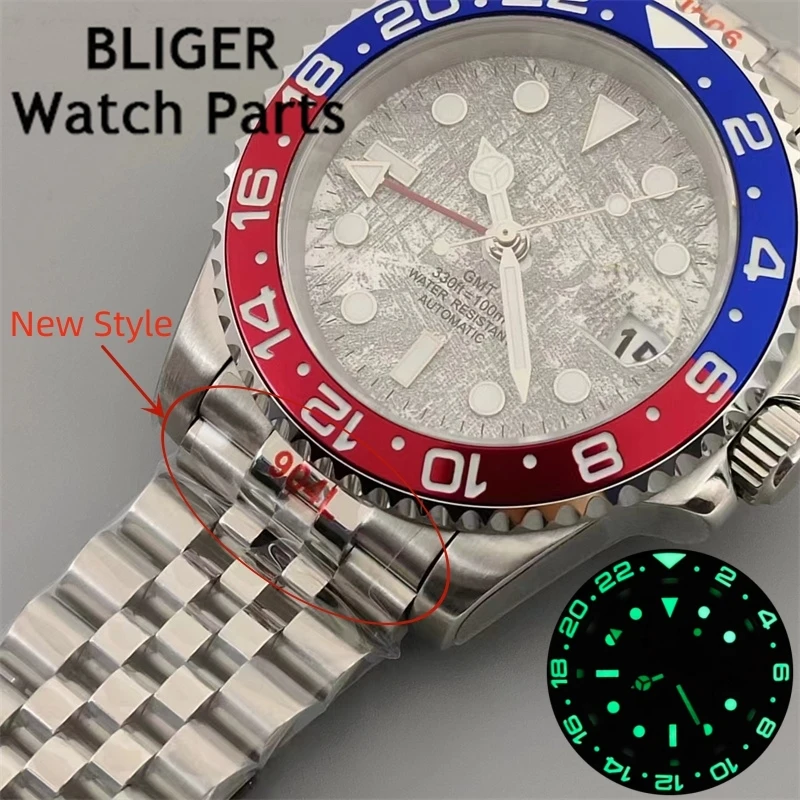 BLIGER 40mm NH34 Gray Meteorite Watches GMT For Men Blue Red Bezel With Green Luminous Sappire Glass Oyster/Jubilee Bracelet Dat