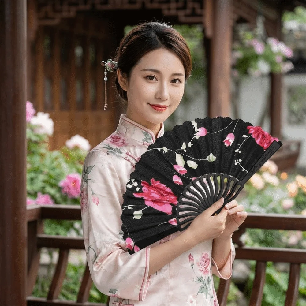 Portable Plastic Rod Folding Fan Decorative with Fan Ring Cloth Hand Fan Hollow Flower Handheld Fan Hanfu Accessories
