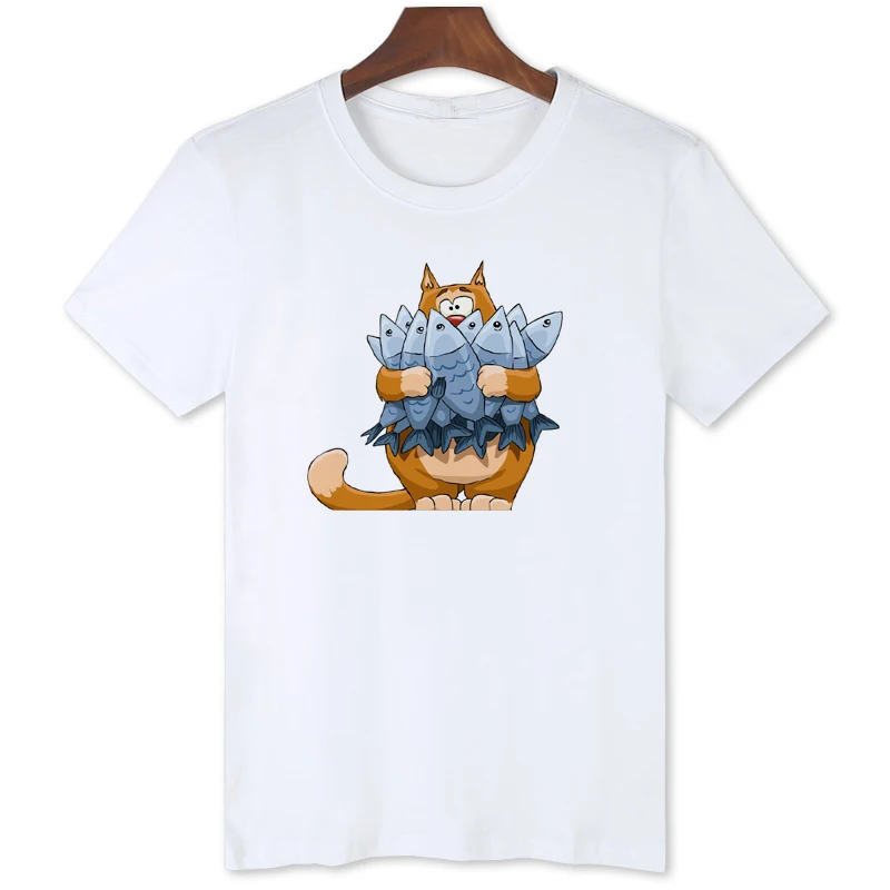 Fish loving big Fat Cat printing T-shirt Original brand Summer Cool Men Clothing Hot sale Fashion Tops Tees