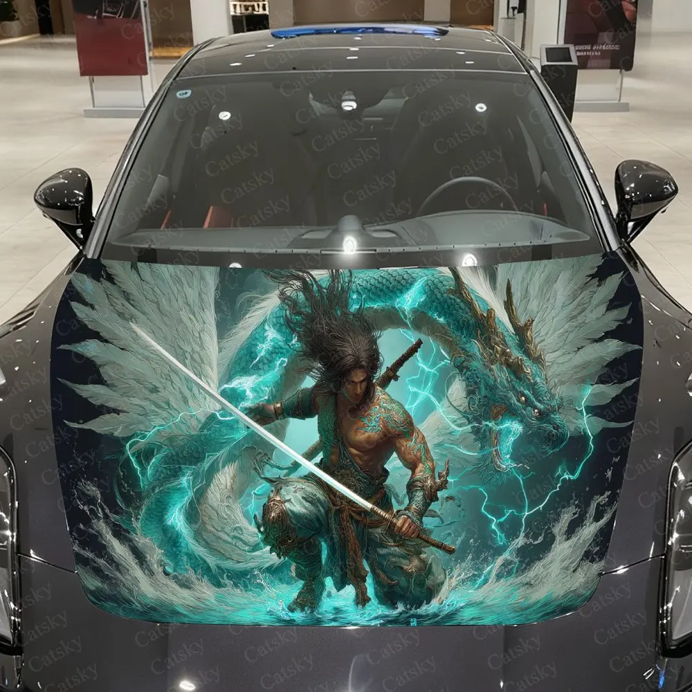 Azure Sky Dragon Pattern Swordsman Car Vinyl Wrap, PVC Waterproof Car Hood Sticker, Self-Adhesive Scratch-Resistant Stickers