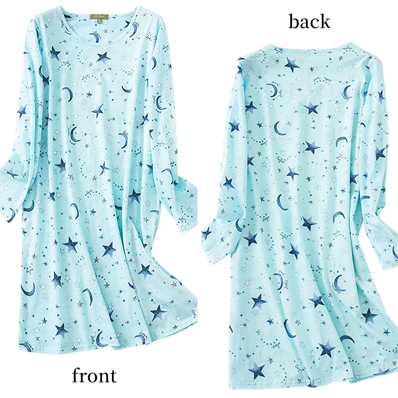 Women\'s Long Sleeved Round Neck Knee Length Nightgown That Is Soft, Comfortable, And Features a Cute Pattern Design.