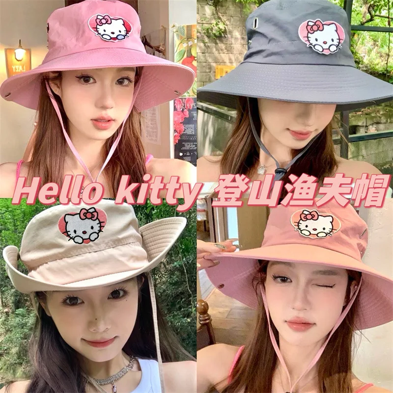 Kawaii Hello Kitty Sanrio Sun Hat Adjustable Head Circumference Fisherman Hat Outdoors Sunshade Mountaineering Hiking Girls Gift