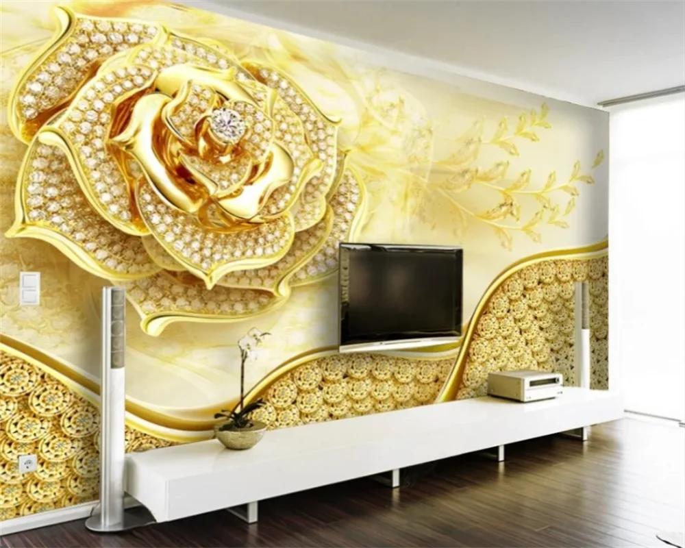 Customized 3D wallpaper gold flower jewelry luxurious living room TV background wall decoration painting papel de parede