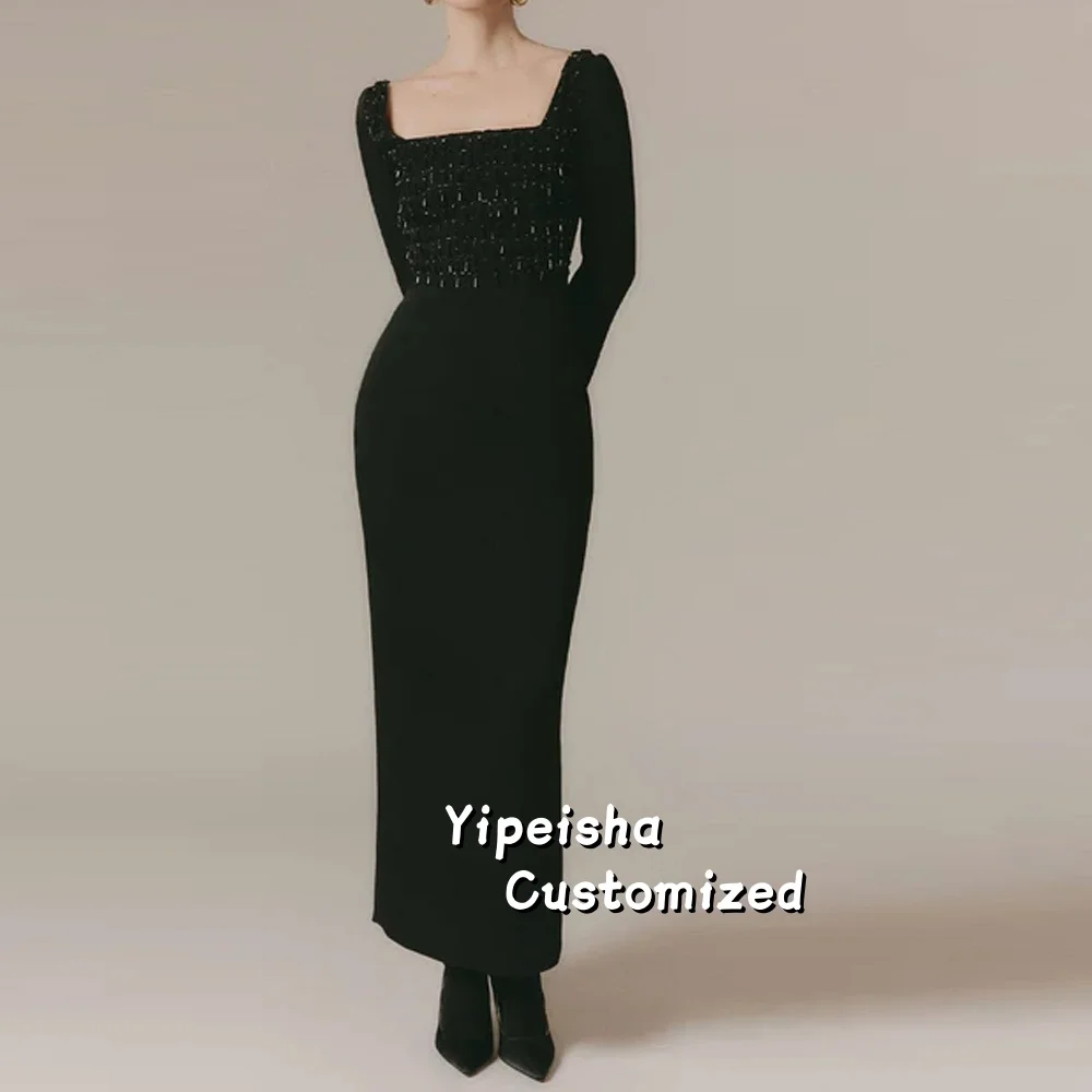 

Элегантное черное платье для выпускного вечера, индивидуальный пошив, квадратный вырез, длинные рукава, расшитое пайетками и бисером, длина до щиколотки, вечерние платья, длинные нарядные платья для вечеринок
