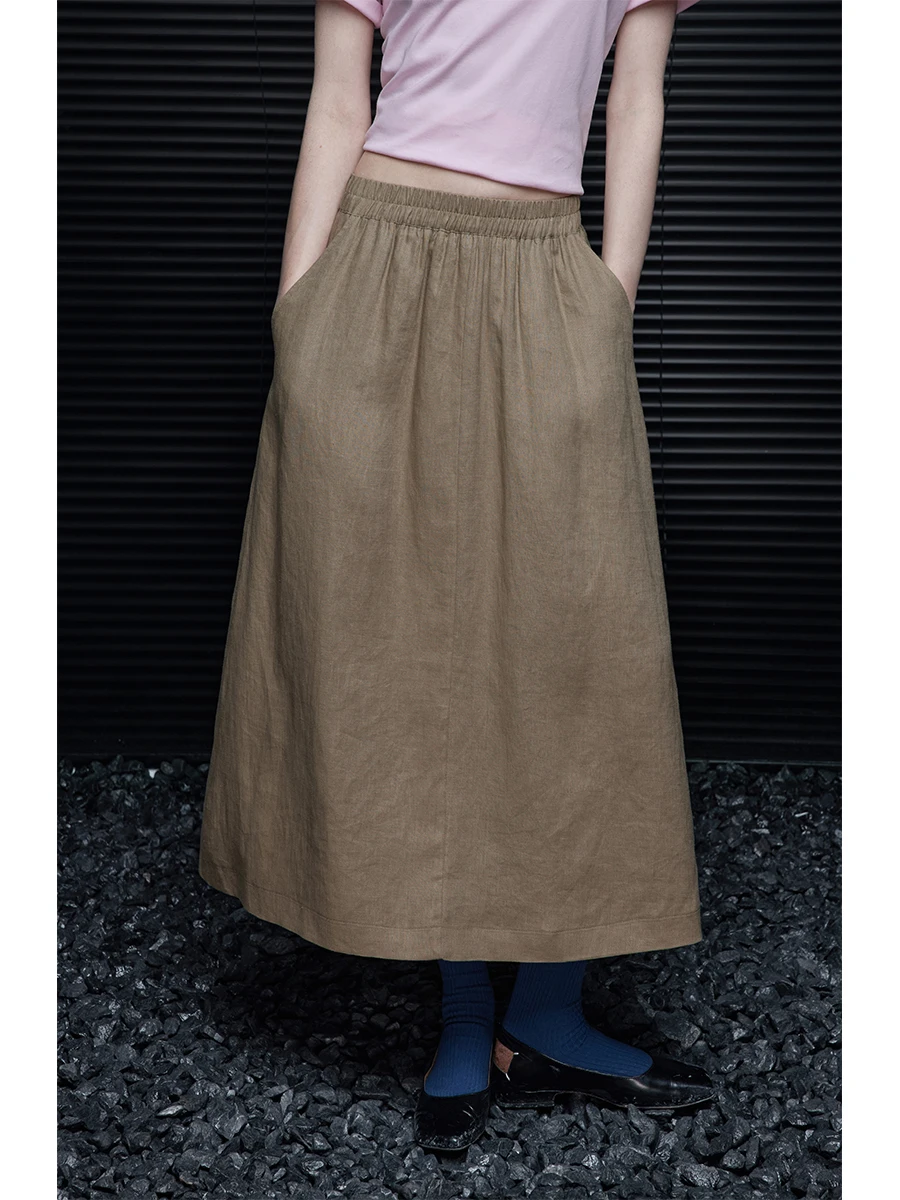 

Khaki Linen f-length Skirt Women's Casual Loose Summer New Sle Street Faion Mid-waist A-line Pure Color Skirt