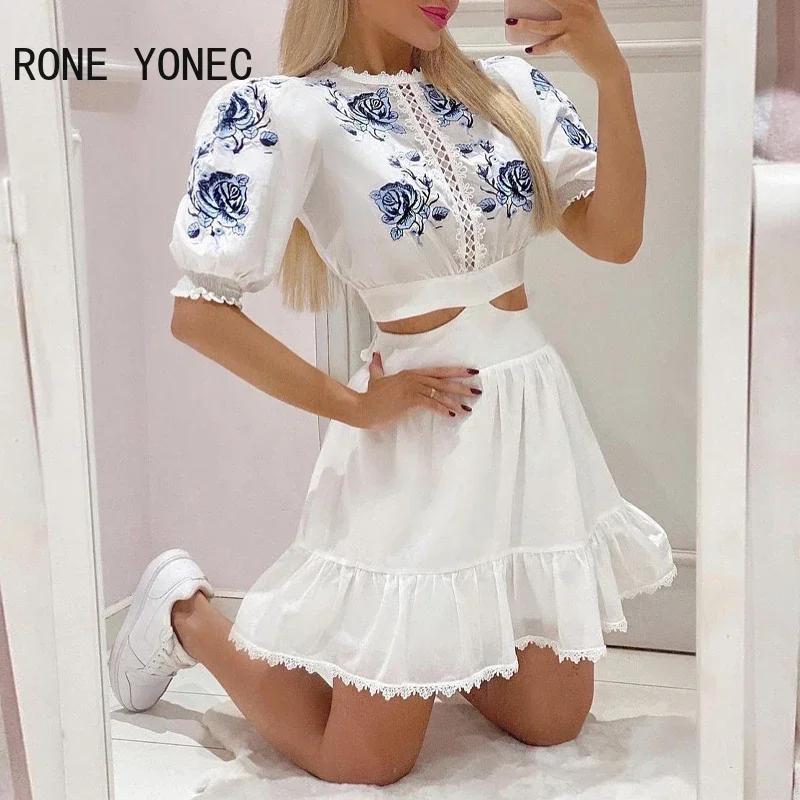 Women Casual Round Collar Lace Hem Half Long Lantern Sleeves Hollow Out Floral Print Casual A-line Mini sweet Dress