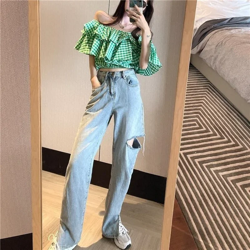 Chemisiers femmes Plaid Design été volants manches courtes culture hauts mode coréenne Harajuku Slash cou élégant rétro Sexy décontracté