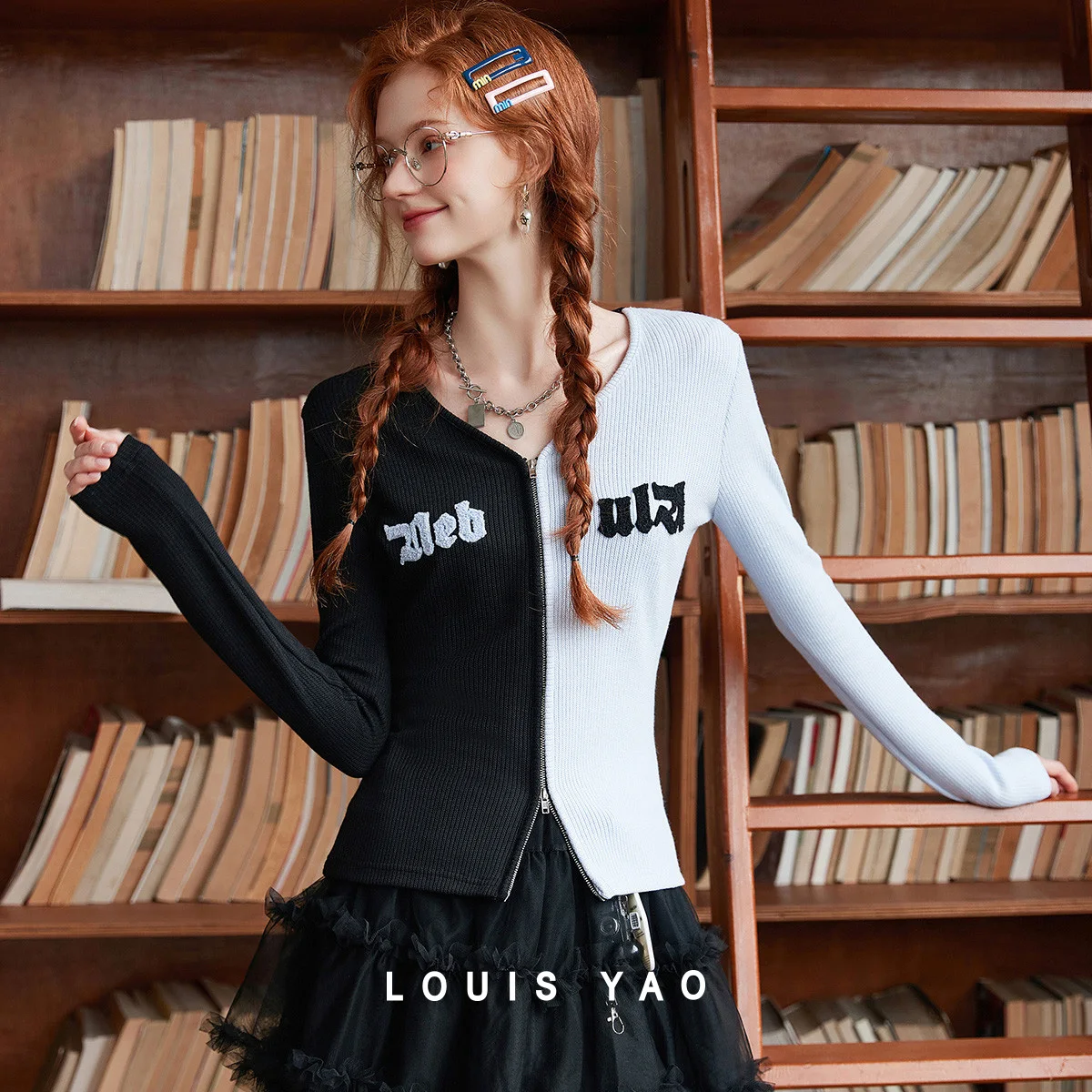 

LOUIS YAO Commuter Fashion Contrast Colours Cardigan 2025 Autumn Micro-Stretch Patchwork Zipper Women's T-Shirt Knitted