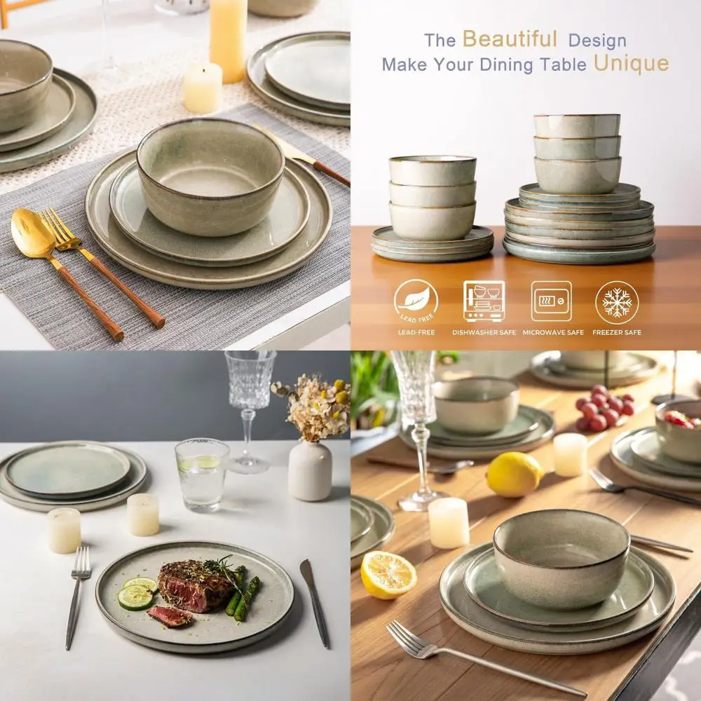 

Round Reactive Glazed Stoneware Dinnerware, Scratch-Resistant Ceramic Plates & Bowls, Dishwasher and Microwave Safe, 24-Piece Se