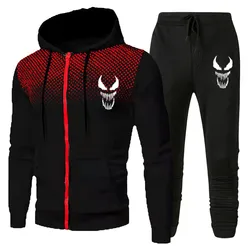 Conjuntos com capuz com zíper casual moletom + sweatpants ginásio jogger treino venom moda primavera winte velo roupas masculinas ternos