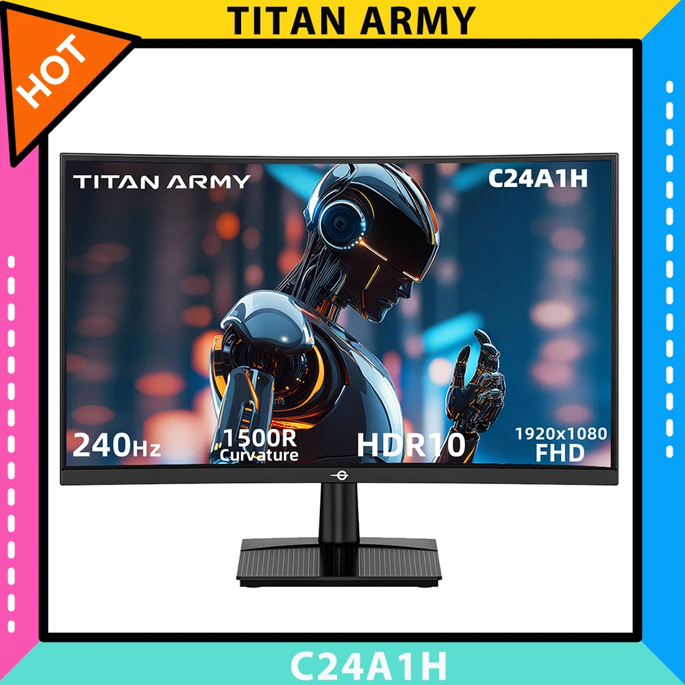 Monitor para juegos TITAN ARMY C24A1H, pantalla VA curvada 1500R de 23,6 pulgadas, velocidad de actualización de 1920*1080, 240 Hz, OD dinámico, FreeSync, HDR10