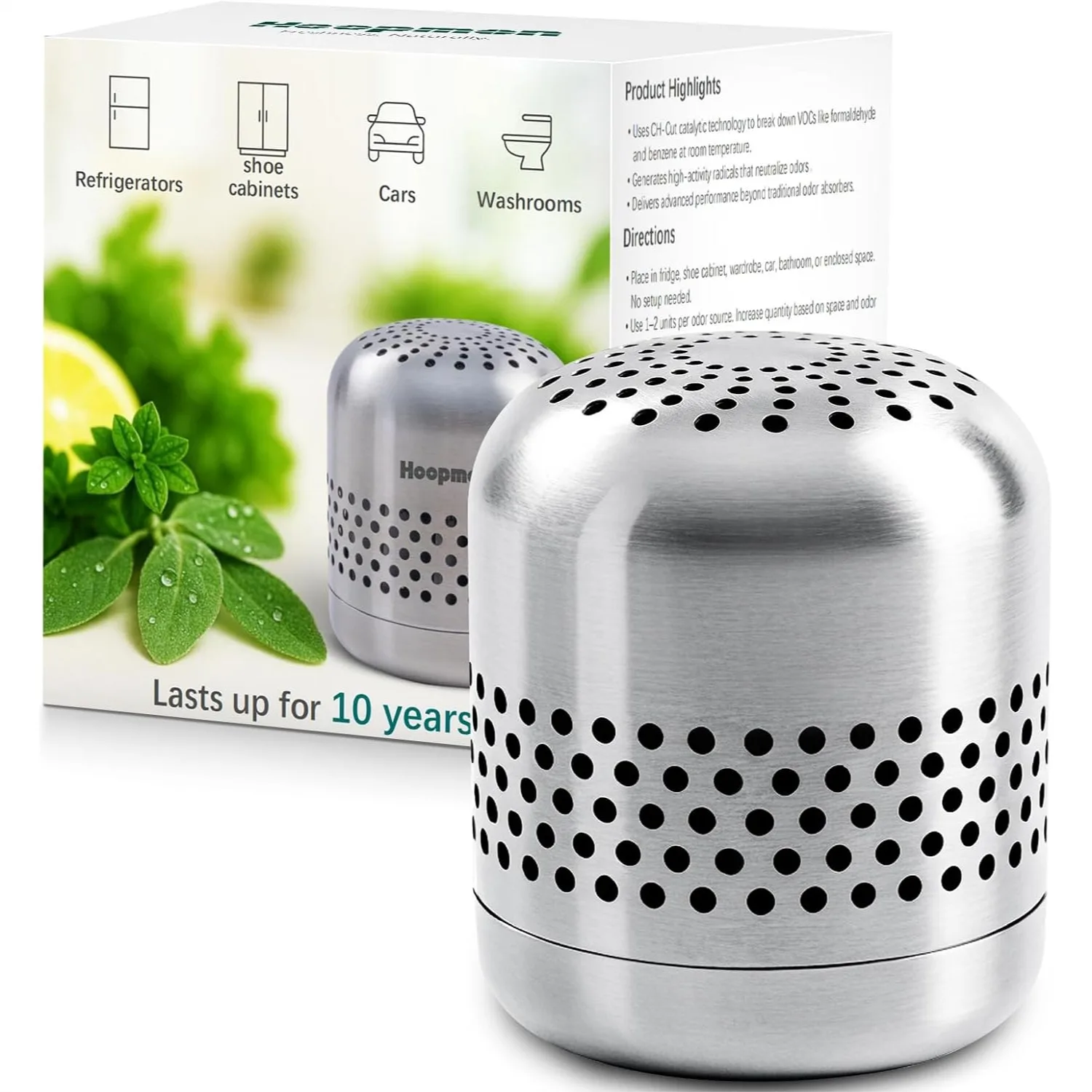 Fridge Deodorizer with Nano Catalyst Technology, Odor Eliminator for Refrigerator Car and Closet, Stainless Steel, 10 Year Long