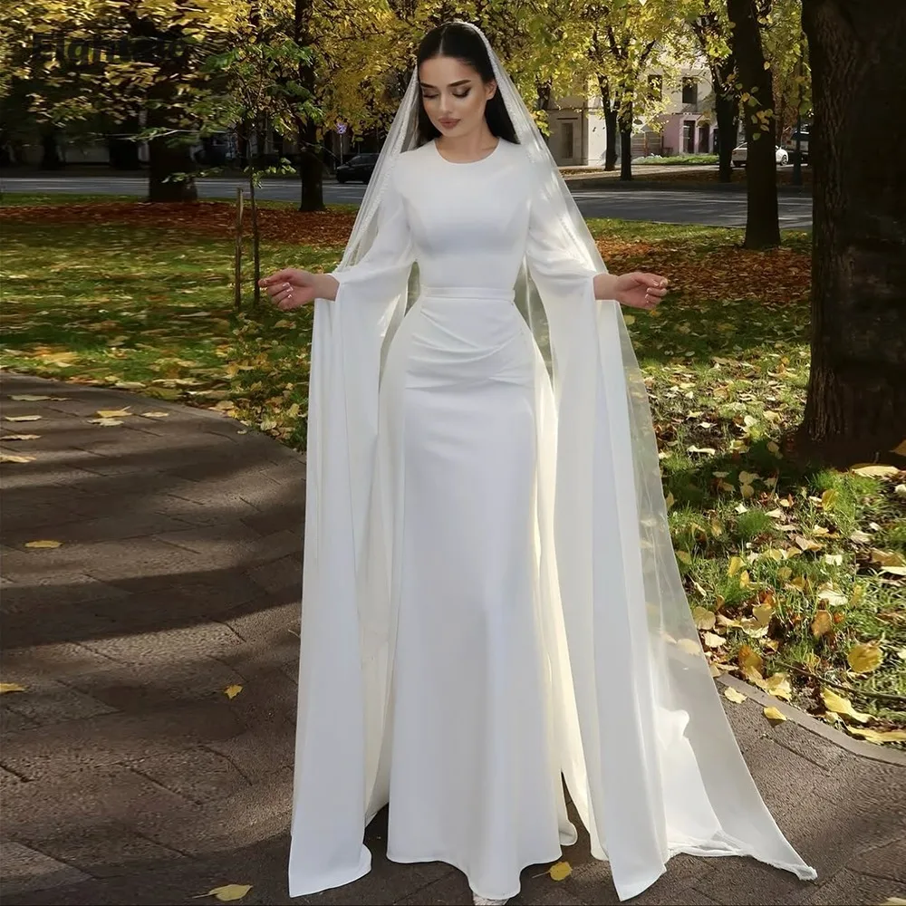 فستان زفاف عربي Eightale برقبة دائرية مخصص من الساتان العاجي قبعة إسلامية بأكمام طويلة فستان زفاف حورية البحر فستان حفلات العروس